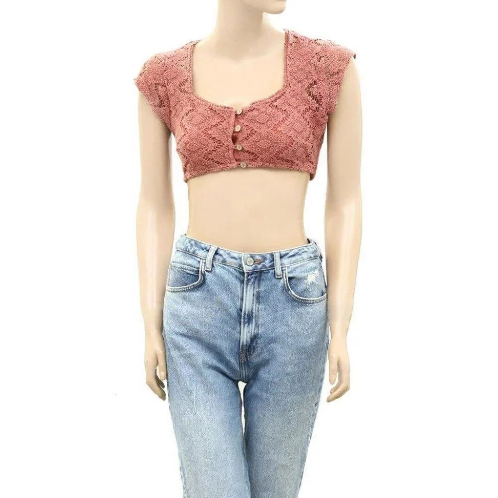 Free People Endless Summer Epic Sunset Cropped Top Crochet Lace Smocke XS